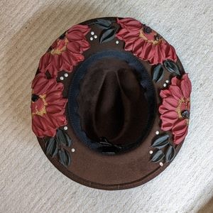 Hand painted fedora hat brown with red flowers